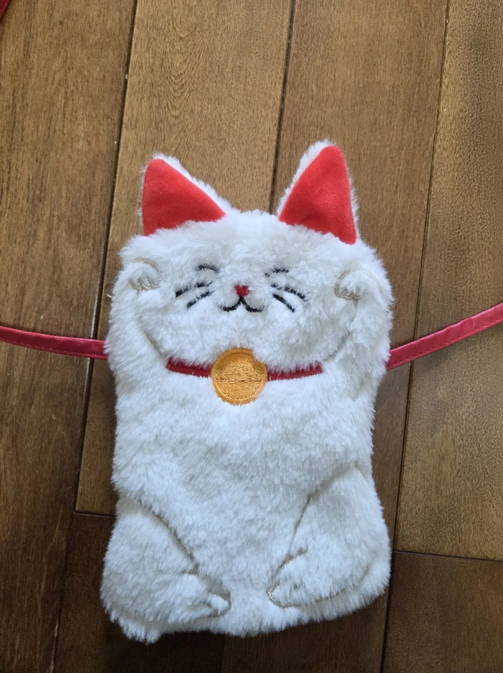 Cute White Plush Cat Crossbody Bag with Red Accents